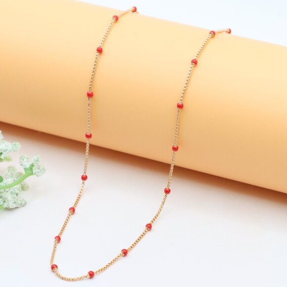 "Rose Gold Dainty Red Bead Necklace with Adjustable Chain, XPNL0274 - Picture 7 of 12